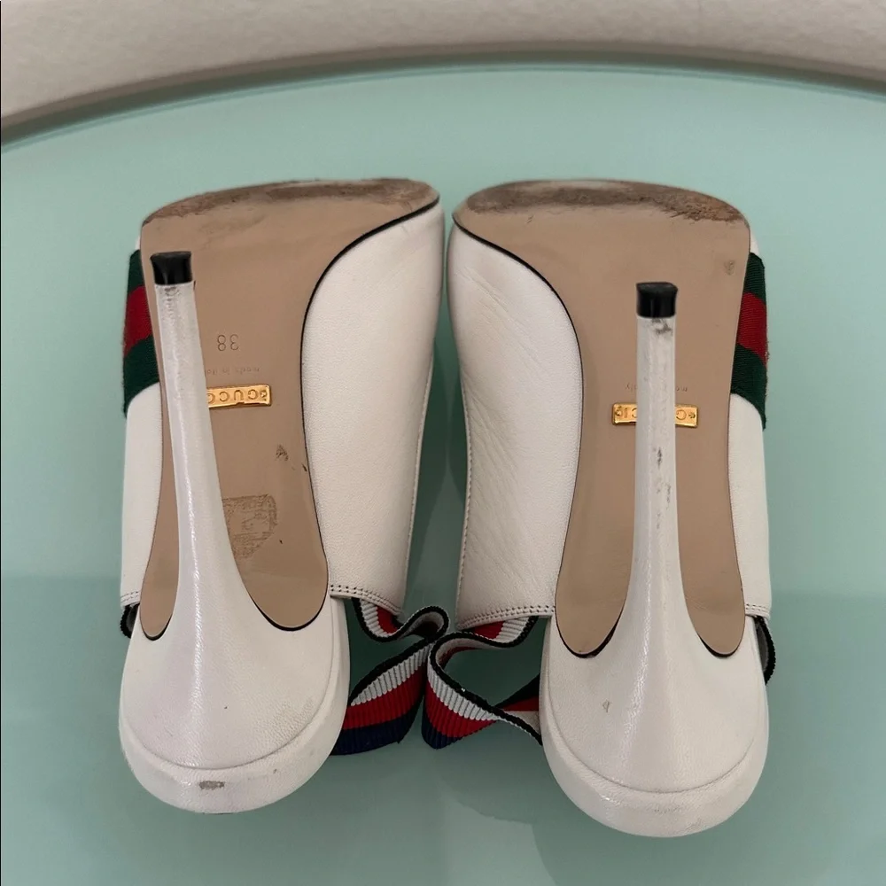 Gucci White Leather Sylvia Elastic Slingback Heels  Box & Two Dust Bags